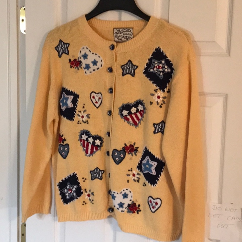Country cottage yellow cardigan with embroidery.